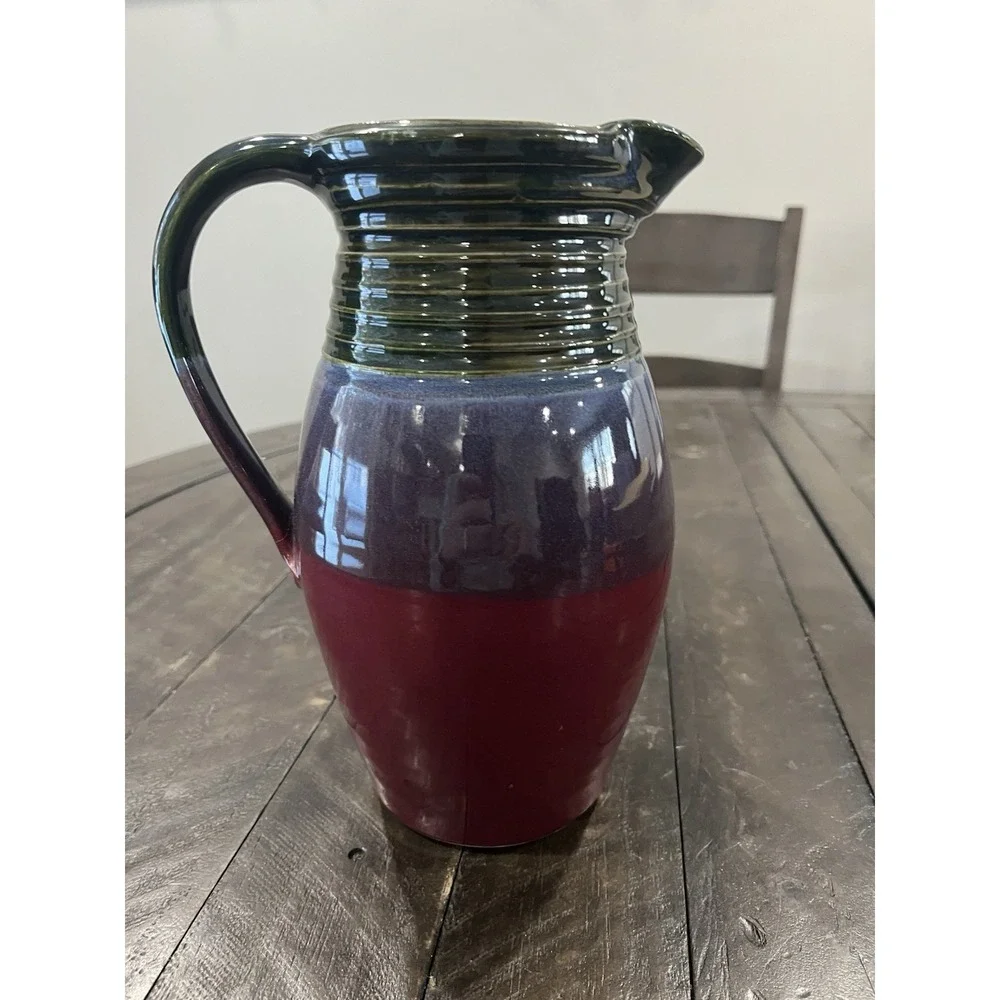 Vtg Pam Snyder Art Pottery Pitcher‎ Green Purple Maroon 9